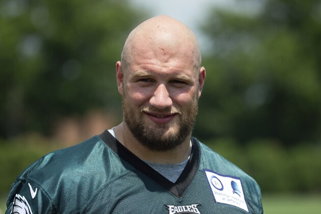 Philadelphia Eagles offensive tackle Lane Johnson (65) looks on during practice at NFL football training camp, Thursday, July 26, 2018, in Philadelphia. (AP Photo/Chris Szagola)