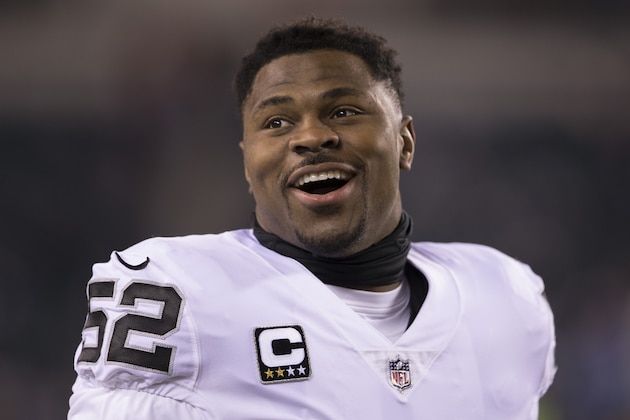 PHILADELPHIA, PA - DECEMBER 25: Khalil Mack #52 of the Oakland Raiders smiles prior to the game against the Philadelphia Eagles at Lincoln Financial Field on December 25, 2017 in Philadelphia, Pennsylvania. (Photo by Mitchell Leff/Getty Images)