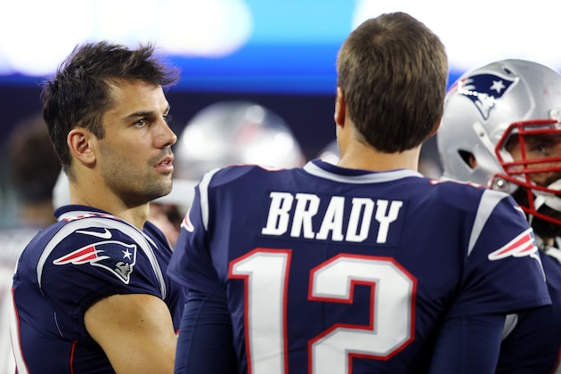 FOXBOROUGH, MA - AUGUST 9 : Eric Decker #81 of the New England Patriots talks with Tom Brady #12 during the preseason game between the New England Patriots and the Washington Redskins at Gillette Stadium on August 9, 2018 in Foxborough, Massachusetts. (Photo by Maddie Meyer/Getty Images)