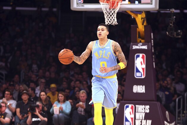 Los Angeles Lakers forward Kyle Kuzma (0) during the first quarter of an NBA basketball game in Los Angeles Wednesday, April 4, 2018. The Lakers won in overtime 122-112. (AP Photo/Reed Saxon)