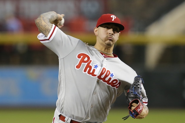 Philadelphia Phillies starting pitcher Vince Velasquez (28) in the first inning during a baseball game against the Arizona Diamondbacks, Wednesday, Aug. 8, 2018, in Phoenix. (AP Photo/Rick Scuteri)