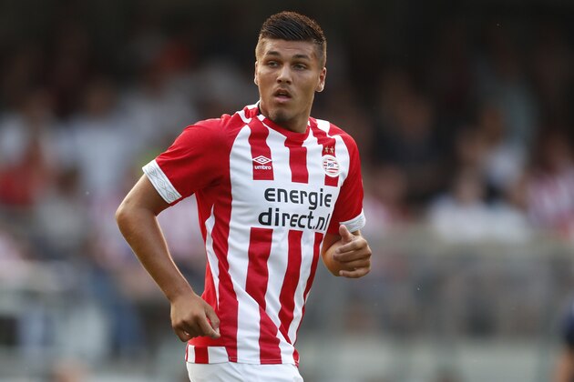 UDEN, NETHERLANDS - JULY 24: Joel Piroe of PSV during the Club Friendly   match between PSV v Olympiakos Piraeus at the Sportpark Parkzicht on July 24, 2018 in Uden Netherlands (Photo by Edwin van Zandvoort/Soccrates/Getty Images)