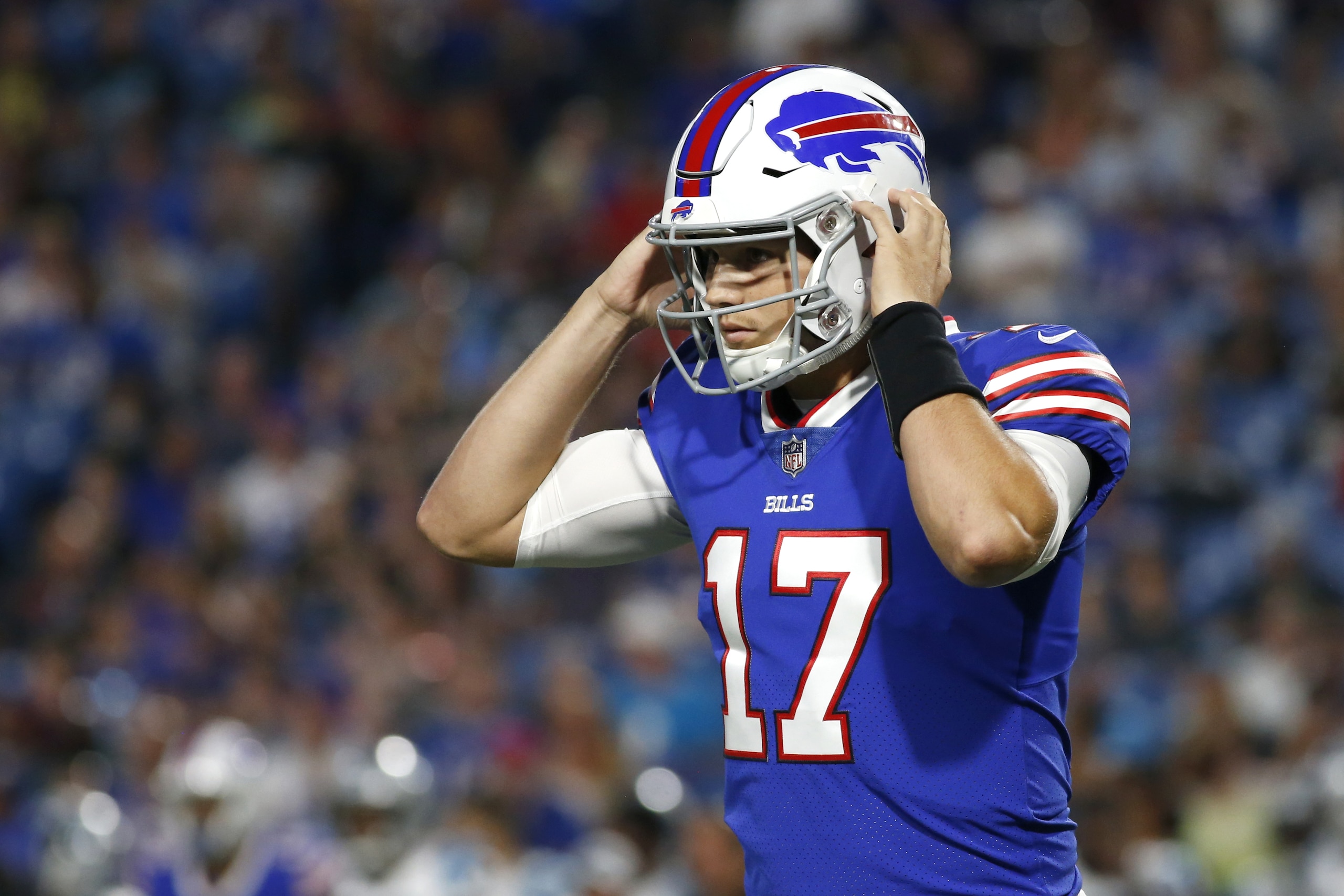 Buffalo Bills quarterback Josh Allen looks toward the bench during the second half of an NFL football game against the Carolina Panthers, Thursday, Aug. 9, 2018, in Orchard Park, N.Y. (AP Photo/Jeffrey T. Barnes)