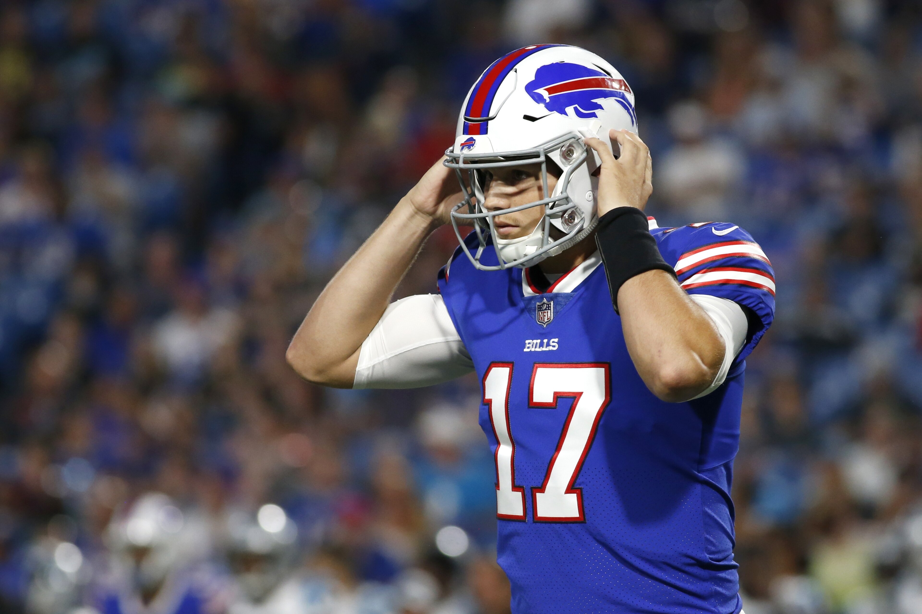 Buffalo Bills quarterback Josh Allen looks toward the bench during the second half of an NFL football game against the Carolina Panthers, Thursday, Aug. 9, 2018, in Orchard Park, N.Y. (AP Photo/Jeffrey T. Barnes) Buffalo Bills quarterback Josh Allen looks toward the bench during the second half of an NFL football game against the Carolina Panthers, Thursday, Aug. 9, 2018, in Orchard Park, N.Y. (AP Photo/Jeffrey T. Barnes)