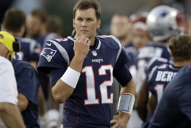 New England Patriots quarterback Tom Brady watches from the sideline during the first half of a preseason NFL football game against the Washington Redskins, Thursday, Aug. 9, 2018, in Foxborough, Mass. (AP Photo/Charles Krupa)