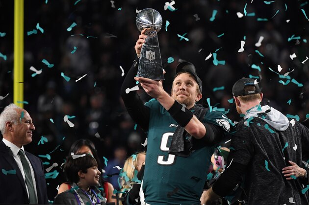 Quarterback Nick Foles of the Philadelphia Eagles celebrates following victory over the New England Patriots in  Super Bowl LII at US Bank Stadium in Minneapolis, Minnesota, on February 4, 2018.
The Philadelphia Eagles scored a stunning 41-33 upset victory over the New England Patriots to win their first ever Super Bowl after a costly Tom Brady fumble ended the quarterback's tilt at history.
 / AFP PHOTO / TIMOTHY A. CLARY        (Photo credit should read TIMOTHY A. CLARY/AFP/Getty Images)