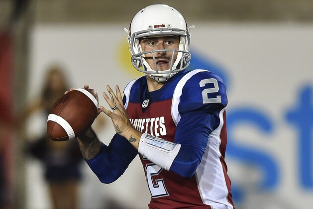 MONTREAL, QC - AUGUST 03:  Quarterback Johnny Manziel #2 of the Montreal Alouettes prepares to play the ball against the Hamilton Tiger-Cats during the CFL game at Percival Molson Stadium on August 3, 2018 in Montreal, Quebec, Canada.  The Hamilton Tiger-Cats defeated the Montreal Alouettes 50-11.  (Photo by Minas Panagiotakis/Getty Images)