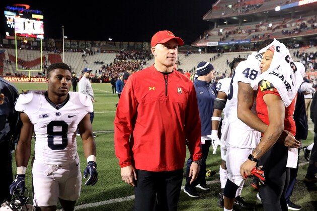 COLLEGE PARK, MD - NOVEMBER 25: Head coach DJ Durkin of the Maryland Terrapins walks off the field following the Terrapins 66-3 loss to the Penn State Nittany Lions at Capital One Field on November 25, 2017 in College Park, Maryland. (Photo by Rob Carr/Getty Images)
