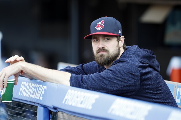 CLEVELAND, OH - AUGUST 04: Andrew Miller #24 of the Cleveland Indians looks on from the dugout before the start of the game against the Los Angeles Angels of Anaheim at Progressive Field on August 4, 2018 in Cleveland, Ohio. The Indians defeated the Angels 3-0. (Photo by David Maxwell/Getty Images) CLEVELAND, OH - AUGUST 04: Andrew Miller #24 of the Cleveland Indians looks on from the dugout before the start of the game against the Los Angeles Angels of Anaheim at Progressive Field on August 4, 2018 in Cleveland, Ohio. The Indians defeated the Angels 3-0. (Photo by David Maxwell/Getty Images)