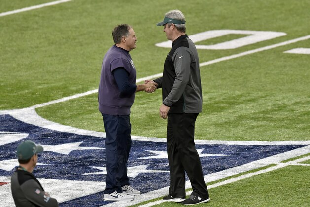 MINNEAPOLIS, MN - FEBRUARY 04: Head coach Bill Belichick of the New England Patriots shakes hand with head coach head coach Doug Pederson of the Philadelphia Eagles prior to the start of Super Bowl LII at U.S. Bank Stadium on February 4, 2018 in Minneapolis, Minnesota. The Eagles defeated the Patriots 41-33. (Photo by Focus on Sport/Getty Images) *** Local Caption *** Bill Belichick; Doug Pederson
