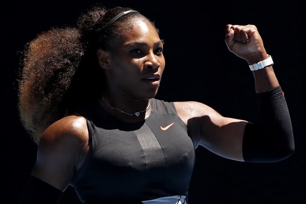 FILE - In this Jan. 25, 2017, file photo, Serena Williams gestures while playing Britain's Johanna Konta during their quarterfinal match at the Australian Open tennis championships in Melbourne, Australia. While Williams has long been an advocate of Black Lives Matter, it was only after former NFL quarterback Colin Kaepernick took a knee during the 2016 season that the country really began to pay attention to black athlete activism. (AP Photo/Dita Alangkara, File)
