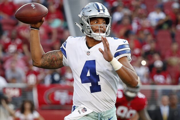 Dallas Cowboys quarterback Dak Prescott throws a pass against the San Francisco 49ers during the first half of an NFL preseason football game in Santa Clara, Calif., Thursday, Aug. 9, 2018. (AP Photo/Tony Avelar)