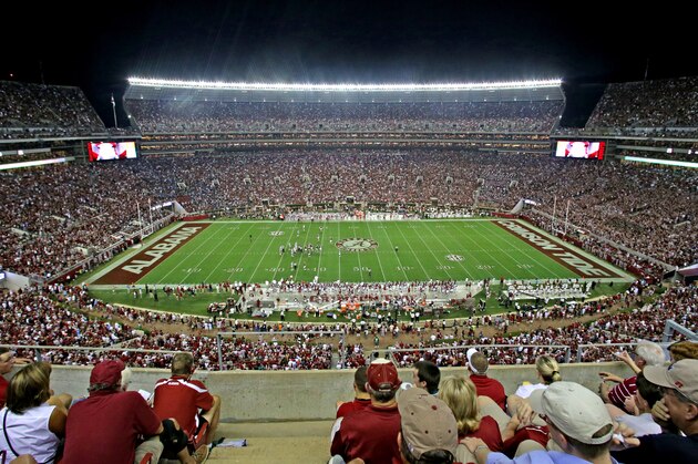 Wide view of Bryant Denny stadium during the second half of an NCAA college football game between Alabama and Mississippi, Saturday, Sept. 19, 2015, in Tuscaloosa, Ala. (AP Photo/Butch Dill)