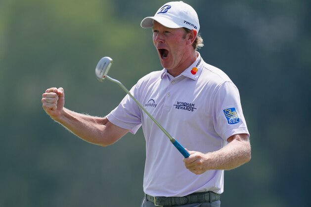 GREENSBORO, NC - AUGUST 16:  Brandt Snedeker reacts following a birdie putt on the ninth green during the first round of the Wyndham Championship at Sedgefield Country Club on August 16, 2018 in Greensboro, North Carolina.  (Photo by Kevin C. Cox/Getty Images)