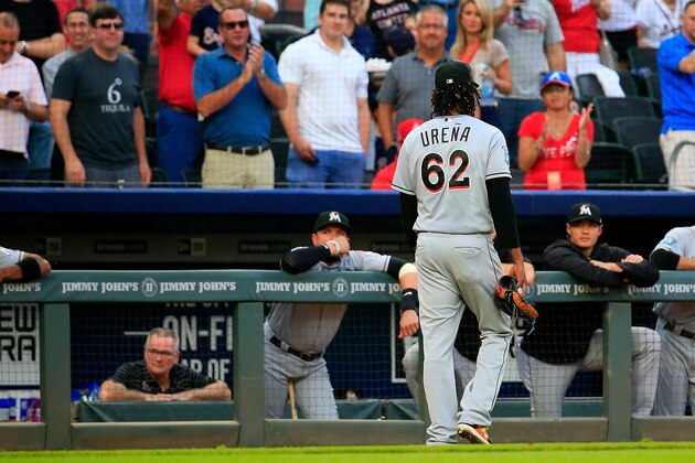 ATLANTA, GA - AUGUST 15: Jose Urena #62 of the Miami Marlins walks off the field after being ejected during the first inning against the Atlanta Braves at SunTrust Park on August 15, 2018 in Atlanta, Georgia. (Photo by Daniel Shirey/Getty Images)