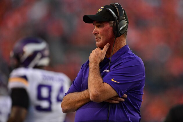 DENVER, CO - AUGUST 11:  Head coach Mike Zimmer of the Minnesota Vikings works on the sideline against the Denver Broncos during an NFL preseason game at Broncos Stadium at Mile High on August 11, 2018 in Denver, Colorado. (Photo by Dustin Bradford/Getty Images)