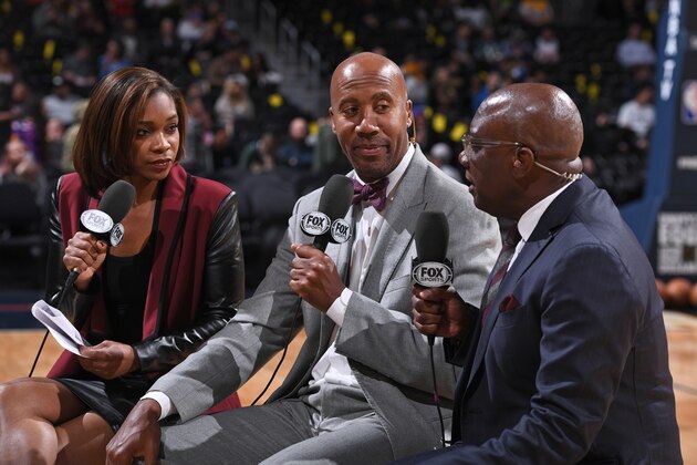 DENVER, CO - FEBRUARY 27: Fox Sports Analyst, Bruce Bowen talks on court during the LA Clippers game against the Denver Nuggets on February 27, 2018 at the Pepsi Center in Denver, Colorado. NOTE TO USER: User expressly acknowledges and agrees that, by downloading and/or using this Photograph, user is consenting to the terms and conditions of the Getty Images License Agreement. Mandatory Copyright Notice: Copyright 2018 NBAE (Photo by Garrett Ellwood/NBAE via Getty Images)