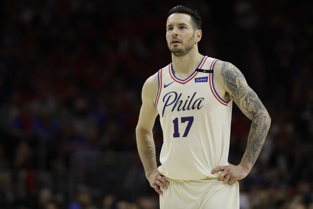 Philadelphia 76ers' JJ Redick in action during Game 4 of an NBA basketball second-round playoff series against the Boston Celtics, Monday, May 7, 2018, in Philadelphia. (AP Photo/Matt Slocum)