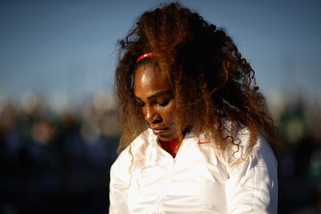 SAN JOSE, CA - JULY 31:  Serena Williams of the United States serves gets ready by her chair before her match against Johanna Konta of Great Britain during Day 2 of the Mubadala Silicon Valley Classic at Spartan Tennis Complex on July 31, 2018 in San Jose, California.  (Photo by Ezra Shaw/Getty Images)