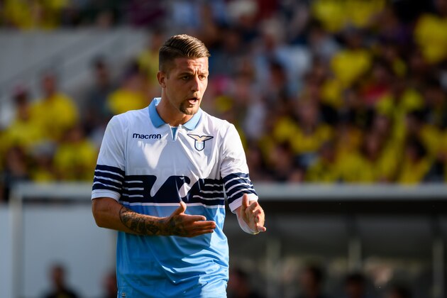 ESSEN, GERMANY - AUGUST 12: Sergej Milinkovic-Savic of Lazio Rom gestures during the friendly match between Borussia Dortmund and Lazio Rom on August 12, 2018 in Essen, Germany. (Photo by TF-Images/Getty Images)