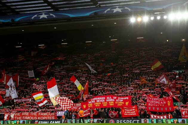 LIVERPOOL, ENGLAND - APRIL 04: General view of The Kop stand at Anfield, the home stadium of Liverpool during the UEFA Champions League Quarter Final first leg match between Liverpool and Manchester City at Anfield on April 4, 2018 in Liverpool, England. (Photo by Robbie Jay Barratt - AMA/Getty Images)