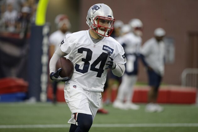New England Patriots running back Rex Burkhead runs with the ball during an NFL football practice, Monday, July 30, 2018, at Gillette Stadium, in Foxborough, Mass. (AP Photo/Steven Senne)