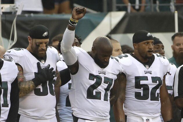 Philadelphia Eagles' Malcolm Jenkins raises his fist during the national anthem before the team's NFL preseason football game against the Buffalo Bills, Thursday, Aug. 17, 2017, in Philadelphia. (AP Photo/Matt Rourke)