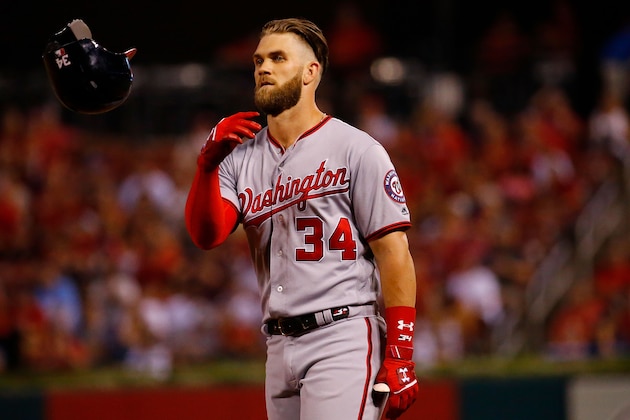 ST. LOUIS, MO - AUGUST 13:  Bryce Harper #34 of the Washington Nationals tosses his helmet after grounding into a double play against the St. Louis Cardinals eighth inning at Busch Stadium on August 13, 2018 in St. Louis, Missouri.  (Photo by Dilip Vishwanat/Getty Images)