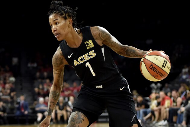 LAS VEGAS, NV - AUGUST 15: Tamera Young #1 of the Las Vegas Aces handles the ball during the game against the New York Liberty on August 15, 2018 at the Allstate Arena in Chicago, Illinois. NOTE TO USER: User expressly acknowledges and agrees that, by downloading and/or using this photograph, user is consenting to the terms and conditions of the Getty Images License Agreement.  Mandatory Copyright Notice: Copyright 2018 NBAE (Photo by David Becker/NBAE via Getty Images)