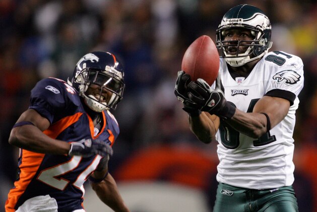 Philadelphia Eagles wide receiver Terrell Owens (81) catches a 46-yard pass against Denver Broncos cornerback Champ Bailey (24) during the quarter in Denver, Sunday, Oct. 30, 2005. Denver beat Philadelphia, 49-21. (AP Photo/Jack Dempsey) Philadelphia Eagles wide receiver Terrell Owens (81) catches a 46-yard pass against Denver Broncos cornerback Champ Bailey (24) during the quarter in Denver, Sunday, Oct. 30, 2005. Denver beat Philadelphia, 49-21. (AP Photo/Jack Dempsey)