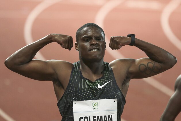 Christian Coleman of the U.S. reacts after winning the men's 100m dash during the IAAF Diamond League meeting in Rabat, Morocco, Friday, July 13, 2018. (AP Photo/Mosa'ab Elshamy)