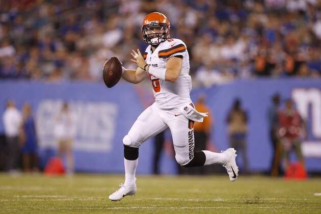 Cleveland Browns quarterback Baker Mayfield (6) looks to pass during the second half of a preseason NFL football game against the New York Giants Thursday, Aug. 9, 2018, in East Rutherford, N.J. (AP Photo/Adam Hunger)