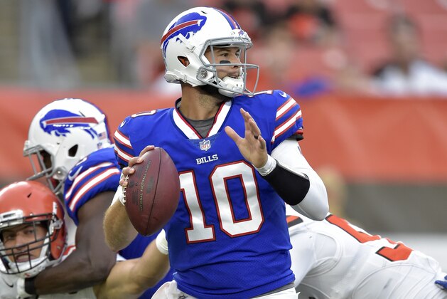 Buffalo Bills quarterback AJ McCarron looks to pass during the first half of an NFL football preseason game against the Cleveland Browns, Friday, Aug. 17, 2018, in Cleveland. (AP Photo/David Richard)