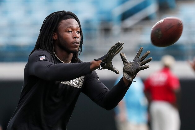 JACKSONVILLE, FL - AUGUST 9: Runningback Alvin Kamara #41 of the New Orleans Saints warms up before the start of a preseason game against the Jacksonville Jaguars at TIAA Bank Field on August 9, 2018 in Jacksonville, Florida. (Photo by Don Juan Moore/Getty Images)