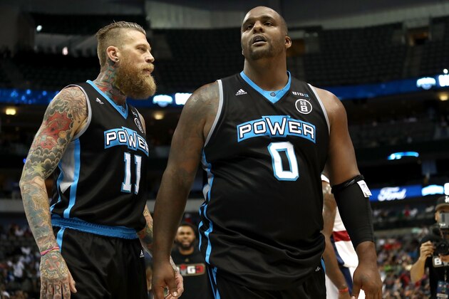 DALLAS, TX - AUGUST 17:  Glen Davis #0 of Power reacts after making the game winning free-throw with teammate Chris Anderson #11 against Tri-State during week nine of the BIG3 three-on-three basketball league at the American Airlines Center on August 17, 2018 in Dallas, Texas.  (Photo by Ronald Martinez/BIG3/Getty Images)