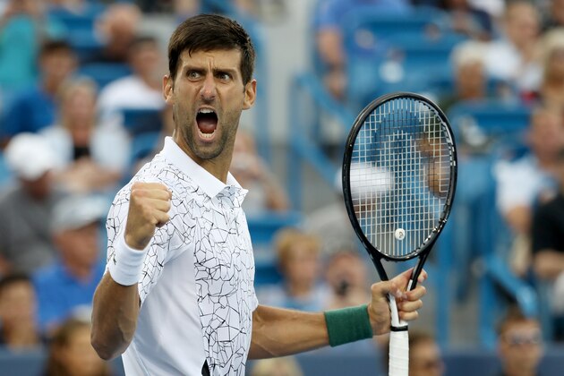 MASON, OH - AUGUST 17: Novak Djokovic of Serbia celebrates after defeating Milos Roanic of Canada during Day 7 of the Western and Southern Open at the Lindner Family Tennis Center on August 17, 2018 in Mason, Ohio. (Photo by Rob Carr/Getty Images)