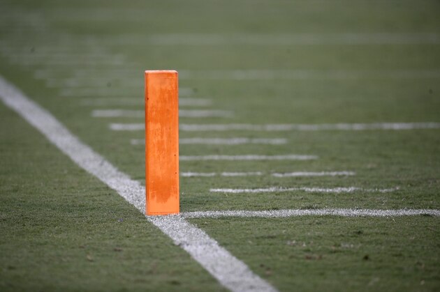 A post marks the goal line during a preseason NFL football game between the Baltimore Ravens and the Los Angeles Rams, Thursday, Aug. 9, 2018, in Baltimore. (AP Photo/Patrick Semansky)