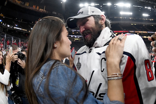 LAS VEGAS, NV - JUNE 07:  Alex Ovechkin #8 of the Washington Capitals kisses his wife Anastasia Shubskaya, after his team's 4-3 win over the Vegas Golden Knights in Game Five of the 2018 NHL Stanley Cup Final at T-Mobile Arena on June 7, 2018 in Las Vegas, Nevada.  (Photo by Harry How/Getty Images)