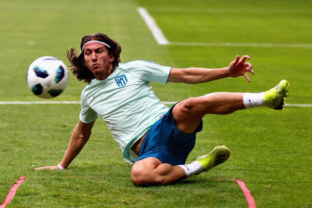 TALLINN, ESTONIA - AUGUST 14: Filipe Luis of Atletico Madrid in action during a training session ahead of the UEFA Super Cup at A Le Coq Arena on August 14, 2018 in Tallinn, Estonia.  (Photo by Chris Brunskill/Fantasista/Getty Images)
