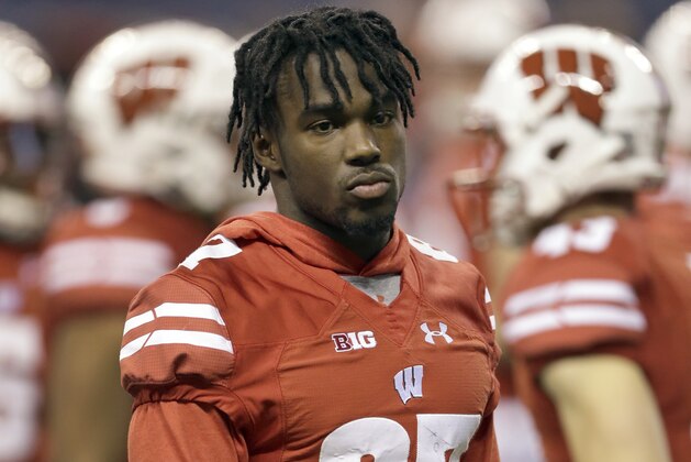 Wisconsin wide receiver Quintez Cephus is seen before the Big Ten championship NCAA college football game against Ohio State, Saturday, Dec. 2, 2017, in Indianapolis. (AP Photo/AJ Mast)