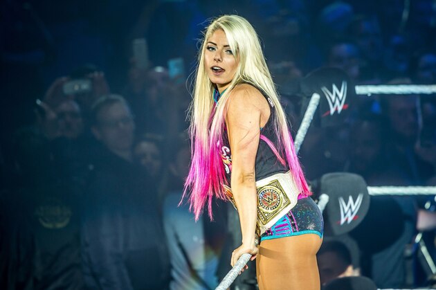 Alexa Bliss gestures in the ring during the WWE show at Zenith Arena on may 09, 2017 in Lille, France. / AFP PHOTO / PHILIPPE HUGUEN        (Photo credit should read PHILIPPE HUGUEN/AFP/Getty Images)