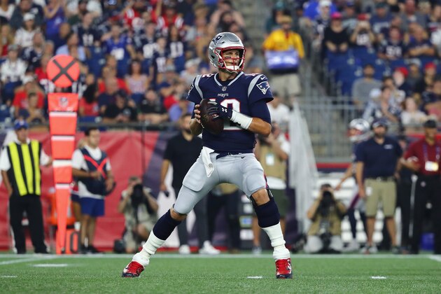 FOXBOROUGH, MA - AUGUST 16:  Tom Brady #12 of the New England Patriots looks to pass in the first half against the Philadelphia Eagles during the preseason game at Gillette Stadium on August 16, 2018 in Foxborough, Massachusetts.  (Photo by Tim Bradbury/Getty Images)