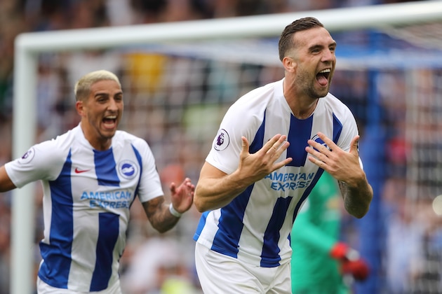BRIGHTON, ENGLAND - AUGUST 19: Shane Duffy of Brighton and Hove Albion celebrates after scoring a goal to make it 2-0 during the Premier League match between Brighton & Hove Albion and Manchester United at American Express Community Stadium on August 19, 2018 in Brighton, United Kingdom. (Photo by Matthew Ashton - AMA/Getty Images)