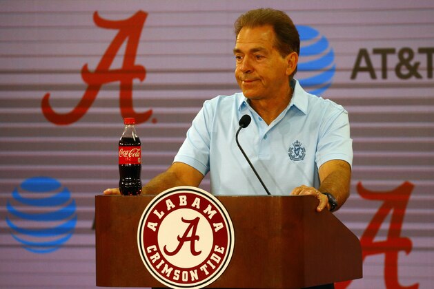 Alabama head coach Nick Saban speaks to media before a NCAA college football practice, Saturday, Aug. 4, 2018, in Tuscaloosa, Ala. (AP Photo/Butch Dill)