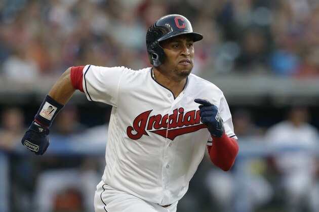 Cleveland Indians' Leonys Martin runs out a ground ball in the third inning of a baseball game against the Los Angeles Angels, Saturday, Aug. 4, 2018, in Cleveland. Martin was out on the play. (AP Photo/Tony Dejak)