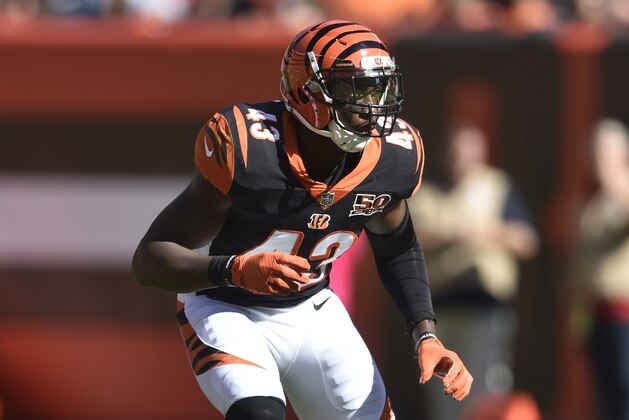 Cincinnati Bengals free safety George Iloka (43) defends against the Cleveland Browns during an NFL football game, Sunday, Oct. 1, 2017, in Cleveland. Cincinnati won 31-7. (AP Photo/David Richard)