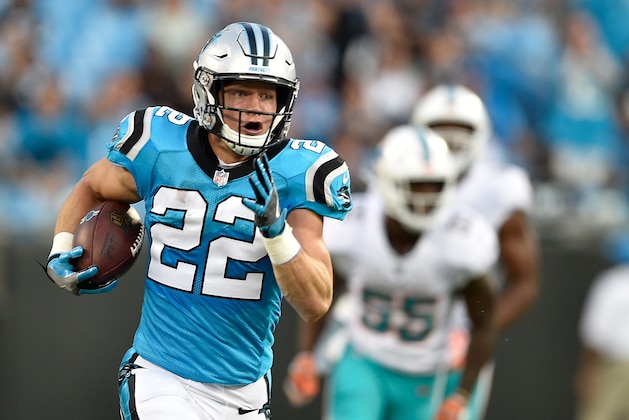 CHARLOTTE, NC - AUGUST 17:  Christian McCaffrey #22 of the Carolina Panthers during the game against the Miami Dolphins at Bank of America Stadium on August 17, 2018 in Charlotte, North Carolina.  (Photo by Grant Halverson/Getty Images)