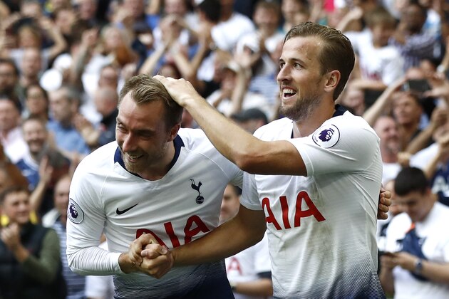 LONDON, ENGLAND - AUGUST 18:  Harry Kane of Tottenham Hotspur celebrates after scoring his team's third goal with Christian Eriksen during the Premier League match between Tottenham Hotspur and Fulham FC at Wembley Stadium on August 18, 2018 in London, United Kingdom.  (Photo by Julian Finney/Getty Images)