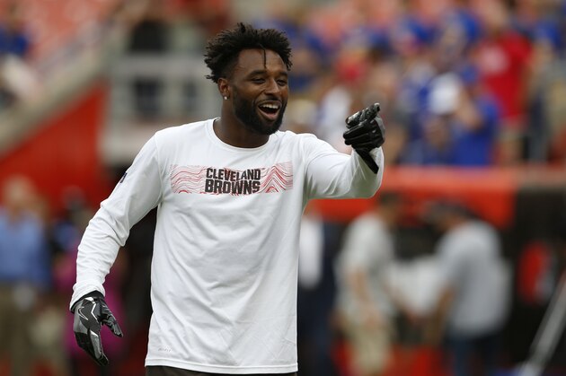 Cleveland Browns wide receiver Jarvis Landry is shown before an NFL football preseason game between the Buffalo Bills and the Browns, Friday, Aug. 17, 2018, in Cleveland. (AP Photo/Ron Schwane)