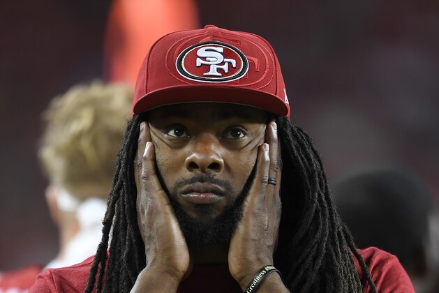 SANTA CLARA, CA - AUGUST 09:  Richard Sherman #25 of the San Francisco 49ers looks on from the sidelines against the Dallas Cowboys in the fourth quarter of their NFL preseason football game at Levi's Stadium on August 9, 2018 in Santa Clara, California.  (Photo by Thearon W. Henderson/Getty Images)